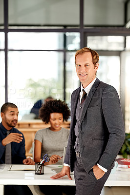 Buy stock photo Man, attorney and portrait at meeting, office and smile for confidence, team or legal services at agency. Person, lawyer and consultant with pride for career, boardroom or happy at corporate law firm