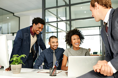 Buy stock photo Happy, meeting and business people on laptop for online feedback, profit review and budget success. Teamwork, office and woman with men on computer for funding approval, good news and finance report