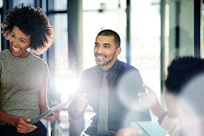 Buy stock photo Man, lawyer and team with discussion at meeting, talk and happy with review, proposal or legal services. People, group and smile with tech, lens flare and feedback for report at corporate law firm