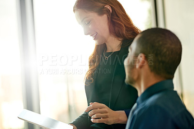 Buy stock photo Conversation, smile and tablet with accounting people in office for corporate development or meeting. App, collaboration and research with professional team in workplace for financial discussion