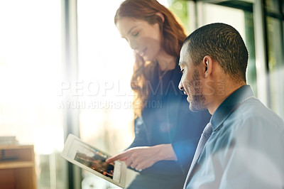 Buy stock photo Collaboration, finance and tablet screen with business people in office for market research meeting. App, conversation and pointing with corporate team in workplace for financial analysis or report