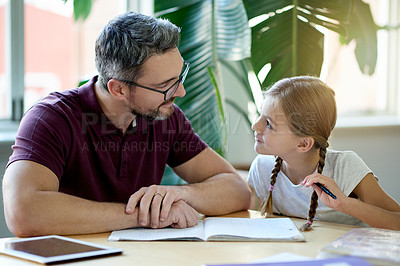 Buy stock photo Father, kid and book for learning at house for study notes, homework and helping with education. Mature man, child and reading for literature revision, homeschool activity and bonding in living room