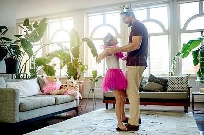 Buy stock photo House, dancing and father with girl, costume and bonding together with happiness, care and teaching. Love, family and dad with daughter, smile and parent with child development, fun and learning