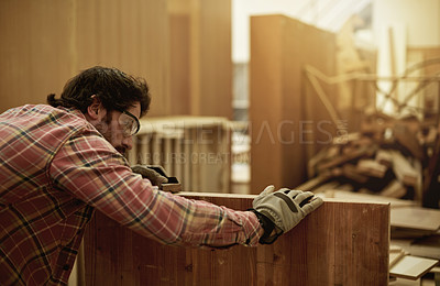 Buy stock photo Carpenter, woodworking project and sanding in workshop for repair, renovation or restoration. Production, manufacturing and carpentry trade with labor, lumber and man in studio for furniture craft