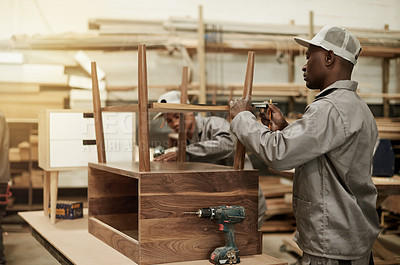 Buy stock photo Furniture, manufacturing and team with men in warehouse for woodwork, carpenter or drill artisan project. Partnership, joinery studio and craftsman production with people for frame assembly and tools