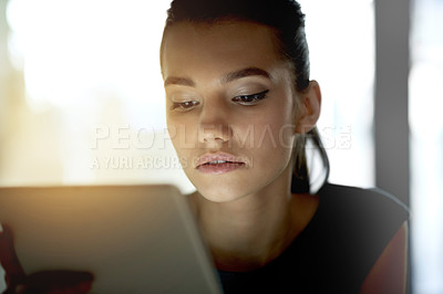 Buy stock photo Property agent, tablet or woman in office for reading research, opportunity or listing services. Update, blog or realtor on housing website to check on apartment info, online post or real estate ads