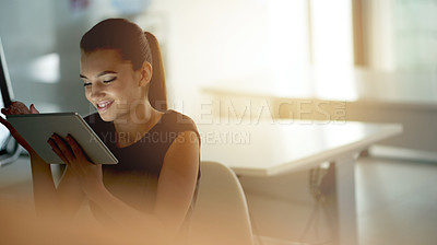 Buy stock photo Article, happy woman or tablet in agency for reading online campaign, project draft or review. Notification, startup and social media analyst in office for business blog, trends and post research