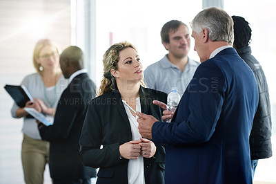 Buy stock photo Teamwork, event and speaking with business people in office for trading advice, partnership or investor. Stock market advisor, broker conference and feedback with employees in agency for discussion