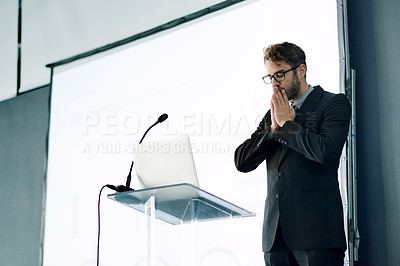 Buy stock photo Stress, presentation and speaker with business man for performance anxiety, rehearsal checklist and worry. Grounding technique, nervous and panic attack with person at podium for fear and pressure