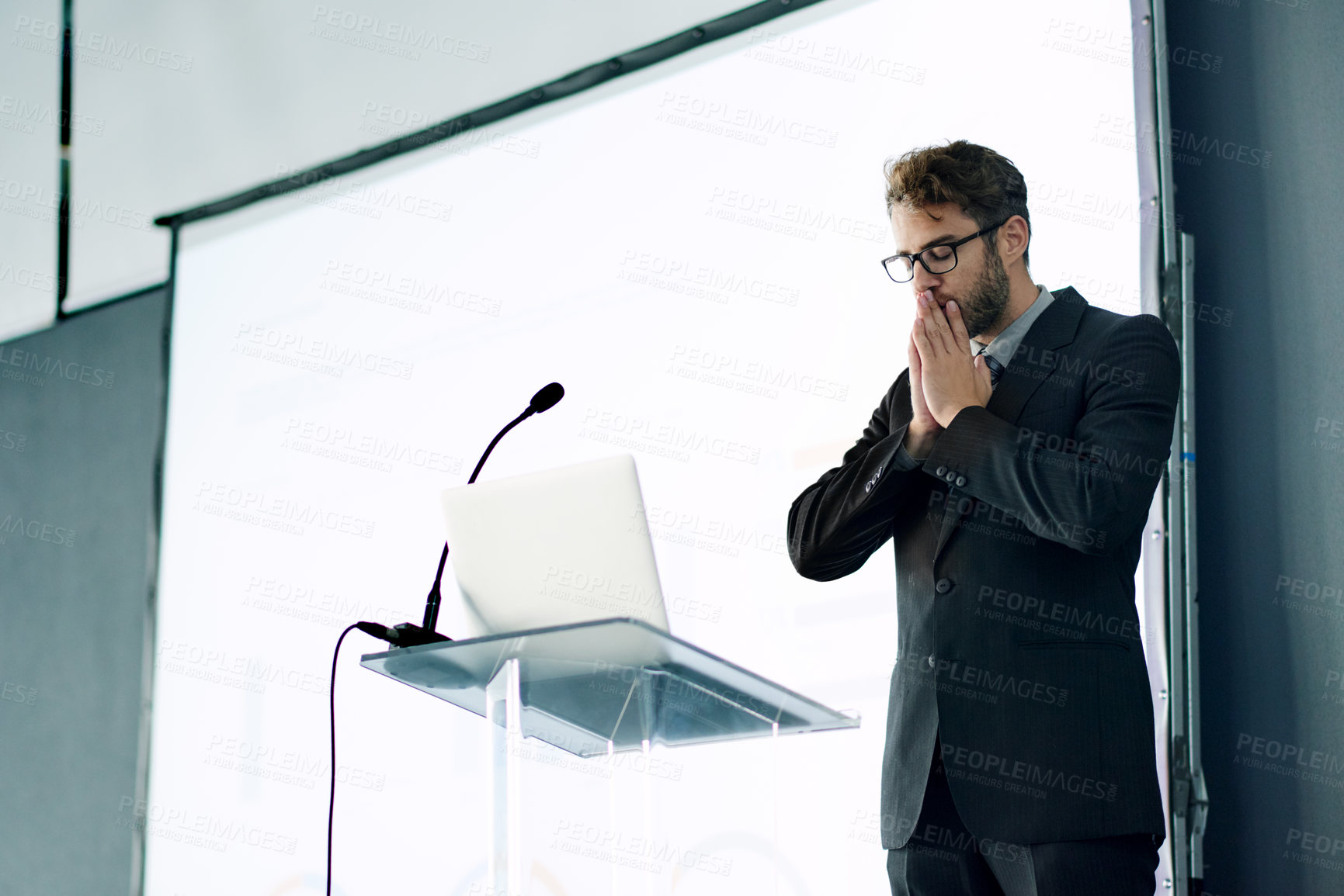 Buy stock photo Stress, presentation and speaker with business man for performance anxiety, rehearsal checklist and worry. Grounding technique, nervous and panic attack with person at podium for fear and pressure