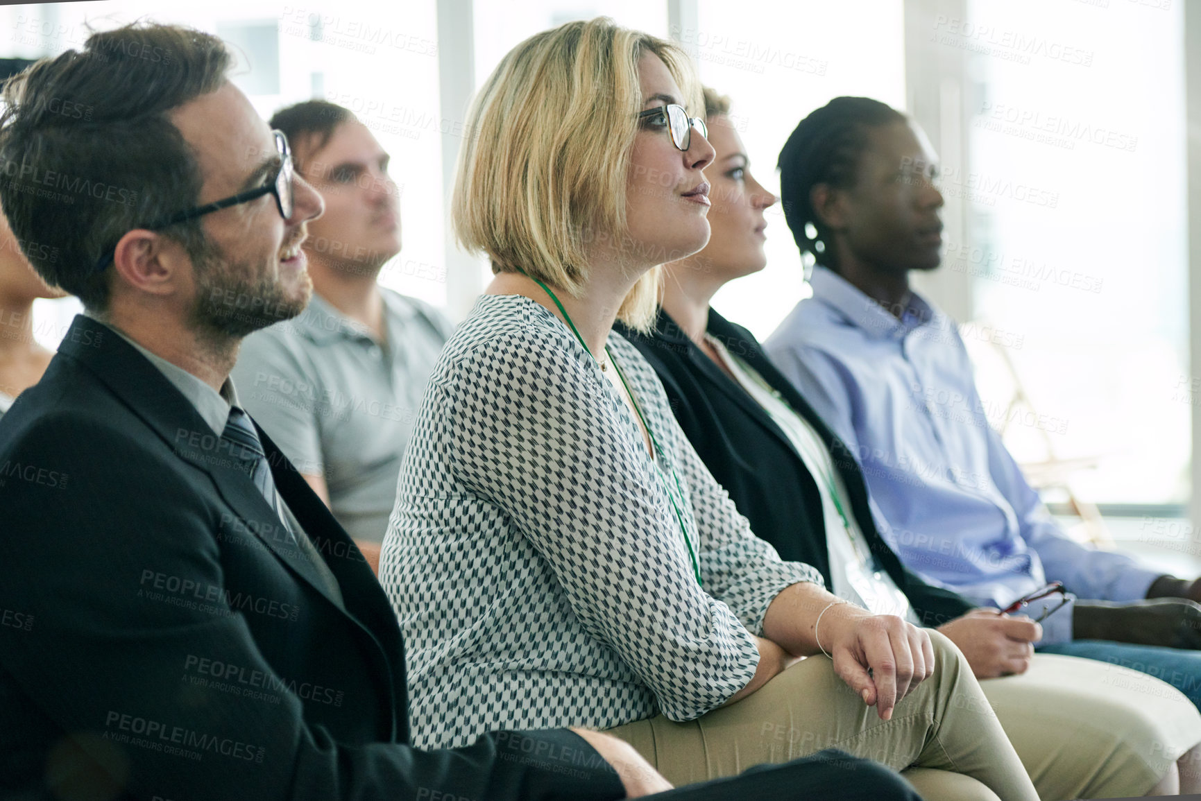 Buy stock photo Workshop, crowd and business people in office for meeting, conference or discussion for training. Seminar, audience and group of professionals at convention for company policies or presentation
