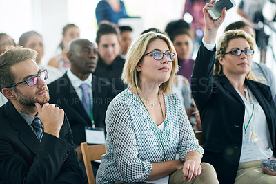 Buy stock photo Seminar, crowd and business people in office for question, conference or discussion for training. Workshop, audience and group of professionals at convention for company policies or presentation