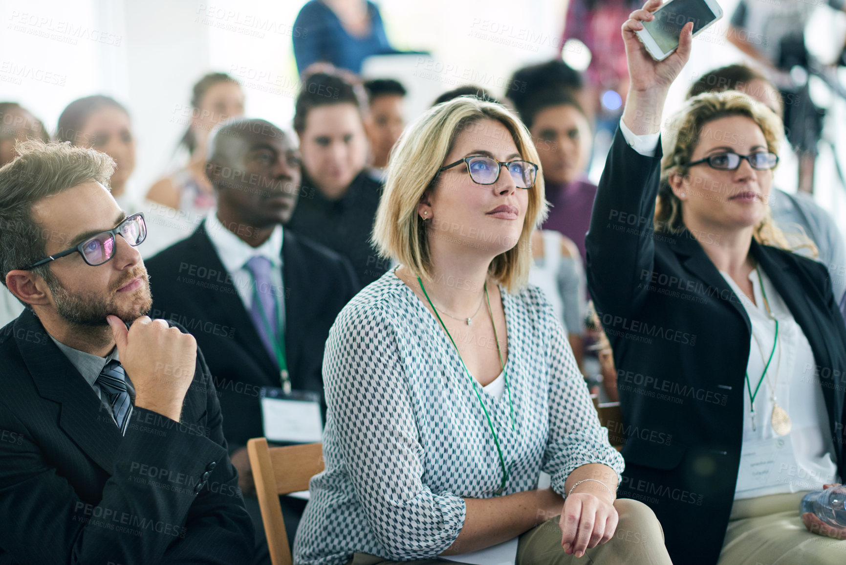 Buy stock photo Seminar, crowd and business people in office for question, conference or discussion for training. Workshop, audience and group of professionals at convention for company policies or presentation