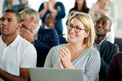 Buy stock photo Applause, smile and woman in audience for seminar, business workshop and expert knowledge. Clapping, happy or people in conference for entrepreneurship, skills development or industry insight.