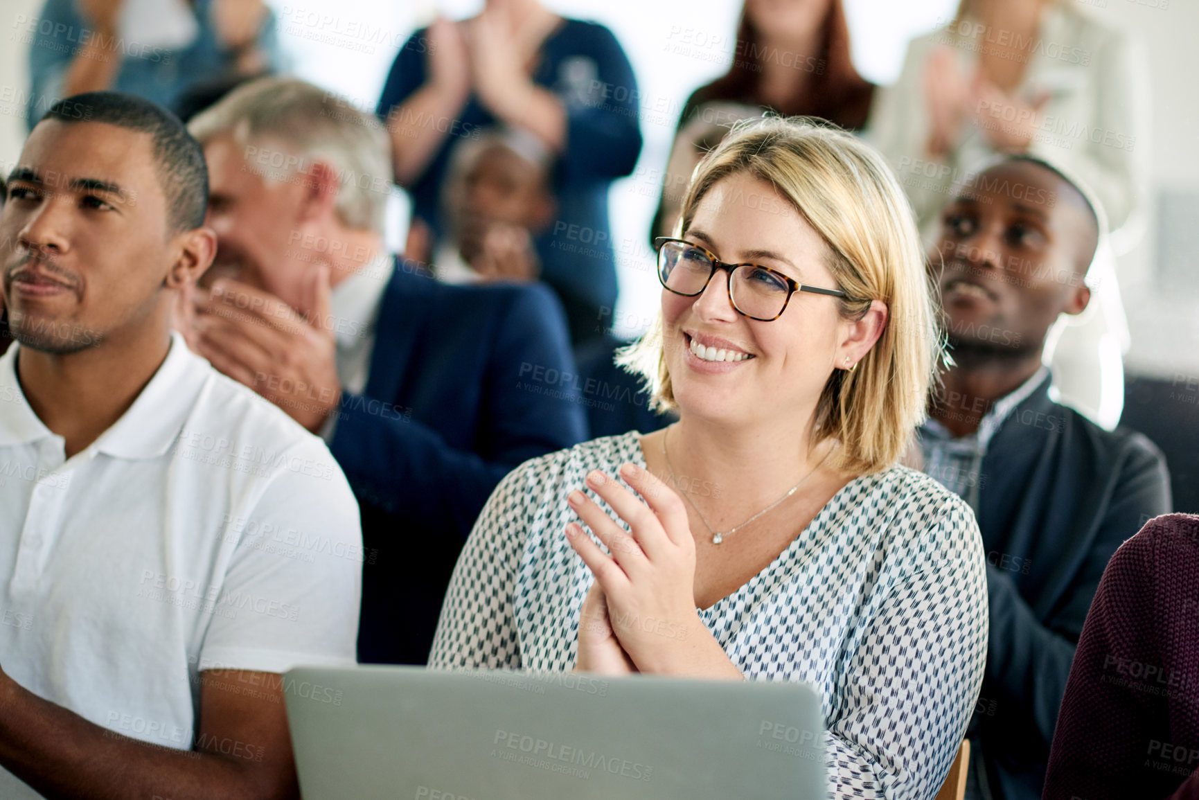 Buy stock photo Applause, smile and woman in audience for seminar, business workshop and expert knowledge. Clapping, happy or people in conference for entrepreneurship, skills development or industry insight.