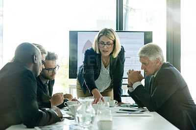 Buy stock photo Business, meeting and woman in office, teamwork or financial agency with documents. People, employees or group in boardroom, cooperation or feedback for revenue, profit growth or investment portfolio