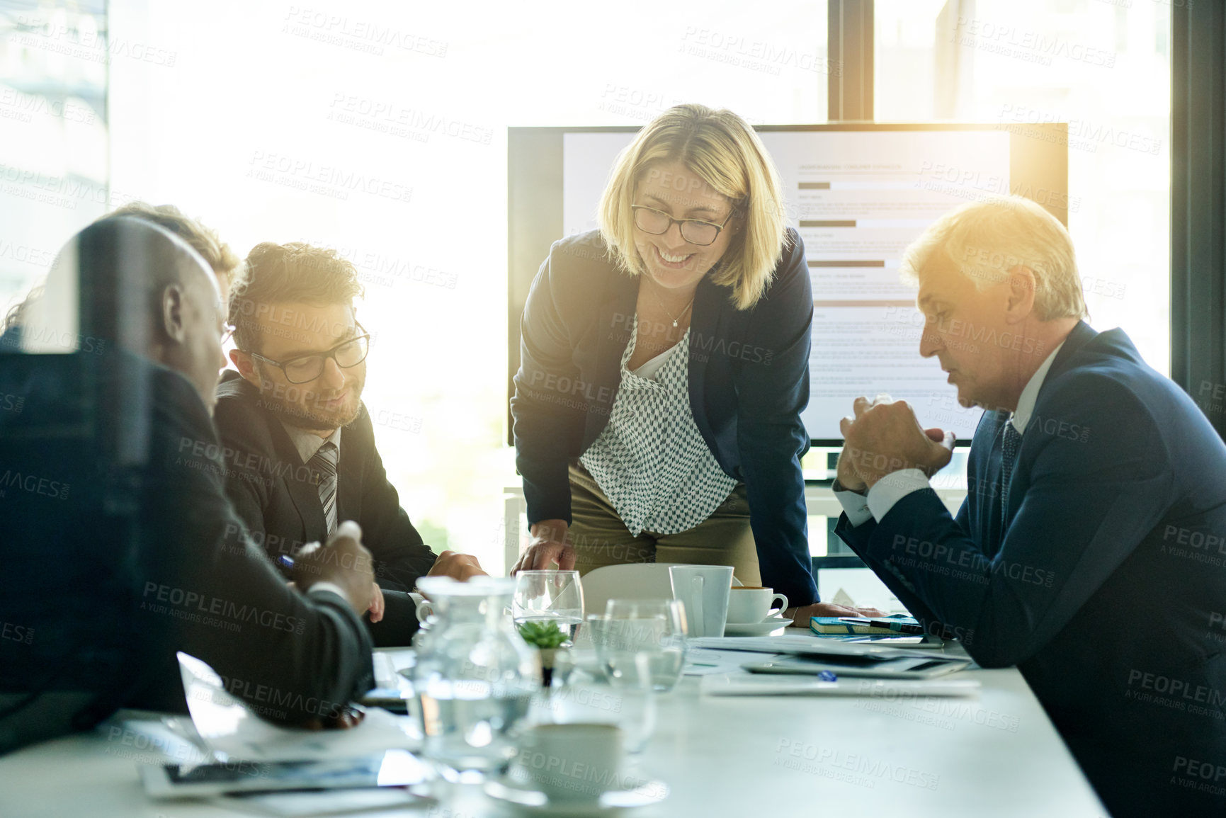 Buy stock photo Business people, smile and presentation with documents for planning, brainstorming or proposal. Graphs, collaboration and office communication with paperwork for project negotiation and meeting