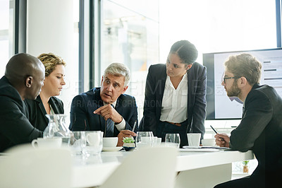Buy stock photo Presentation, business people and group planning with manager for investment, trading or coaching. Meeting, office and team discussion with presenter for stock market, financial analysis or training