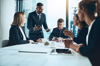 Buy stock photo Business people, meeting and discussion with tech in office for report, analysis or project. Accounting, employees and feedback with tablet for brainstorming, planning or proposal for document