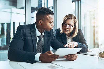 Buy stock photo Business people, tablet and meeting in workplace for judicial case, legal report and research with team. Lawyers, discussion and technology with online regulation info, litigation and collaboration