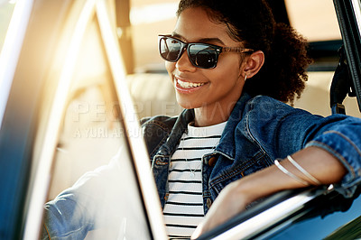 Buy stock photo Travel, woman and driving in car with sunglasses for road trip, holiday adventure or weekend break. Happy, driver and getaway journey in vehicle with freedom, summer vacation or cruise to destination