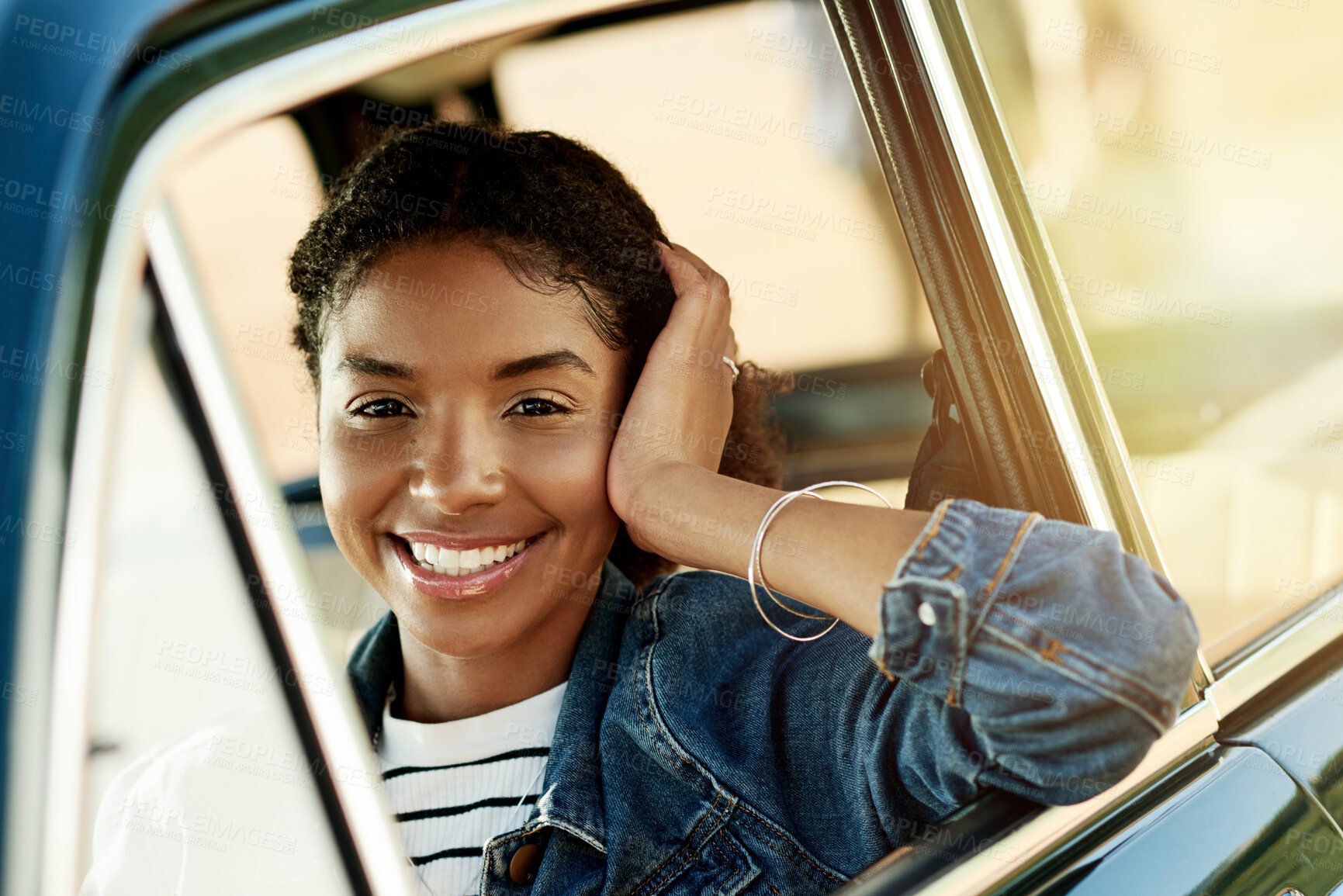 Buy stock photo Travel, woman and driving in car with portrait for road trip, holiday adventure or weekend break. Smile, African driver and journey in transport for summer vacation, exploring and vehicle insurance