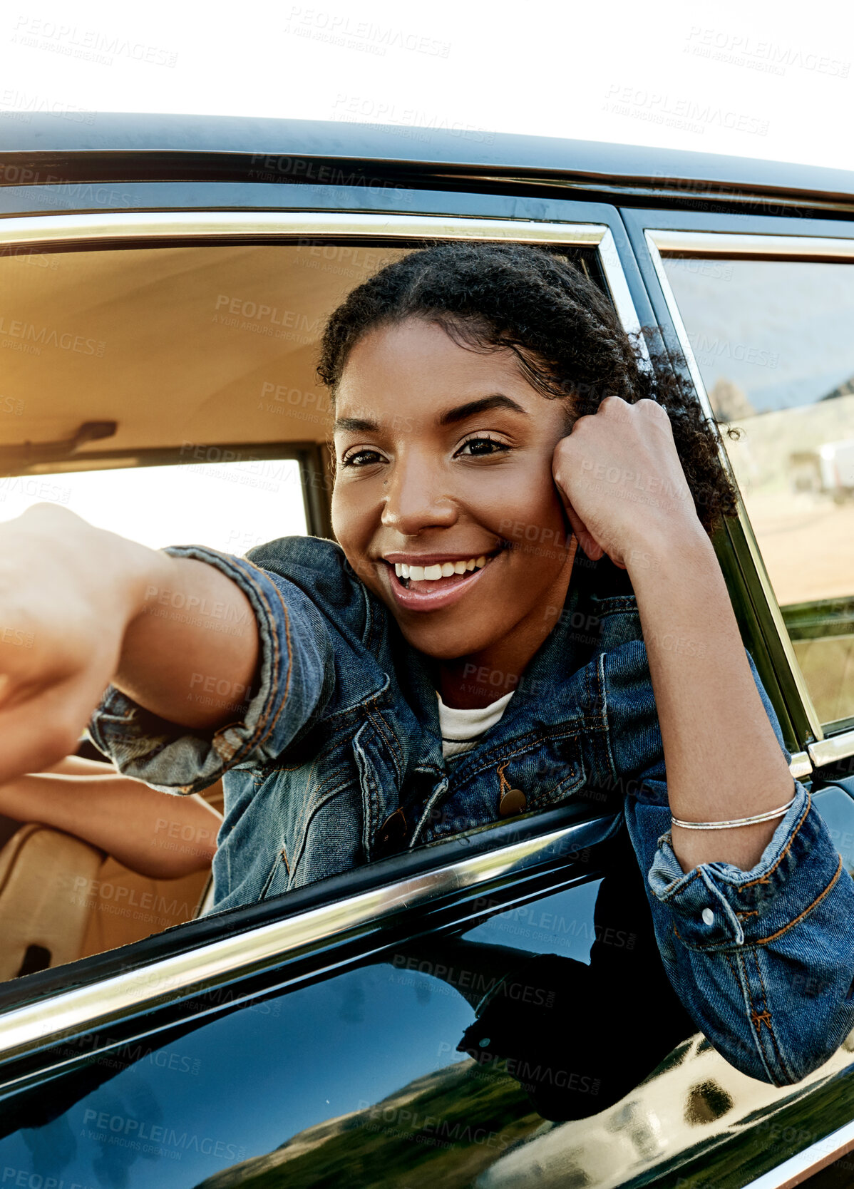 Buy stock photo Road trip, happy and woman in car, window and adventure with vehicle, traveller and summer vacation. Excited, tourist and person in transport for holiday, tourism and smile for journey on getaway