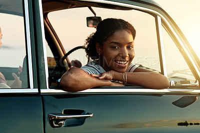 Buy stock photo Portrait, passenger and woman in car, road trip or excited for adventure, friends or summer holiday. Happy, tourist and people in vehicle for journey, flare and confident on vacation and getaway