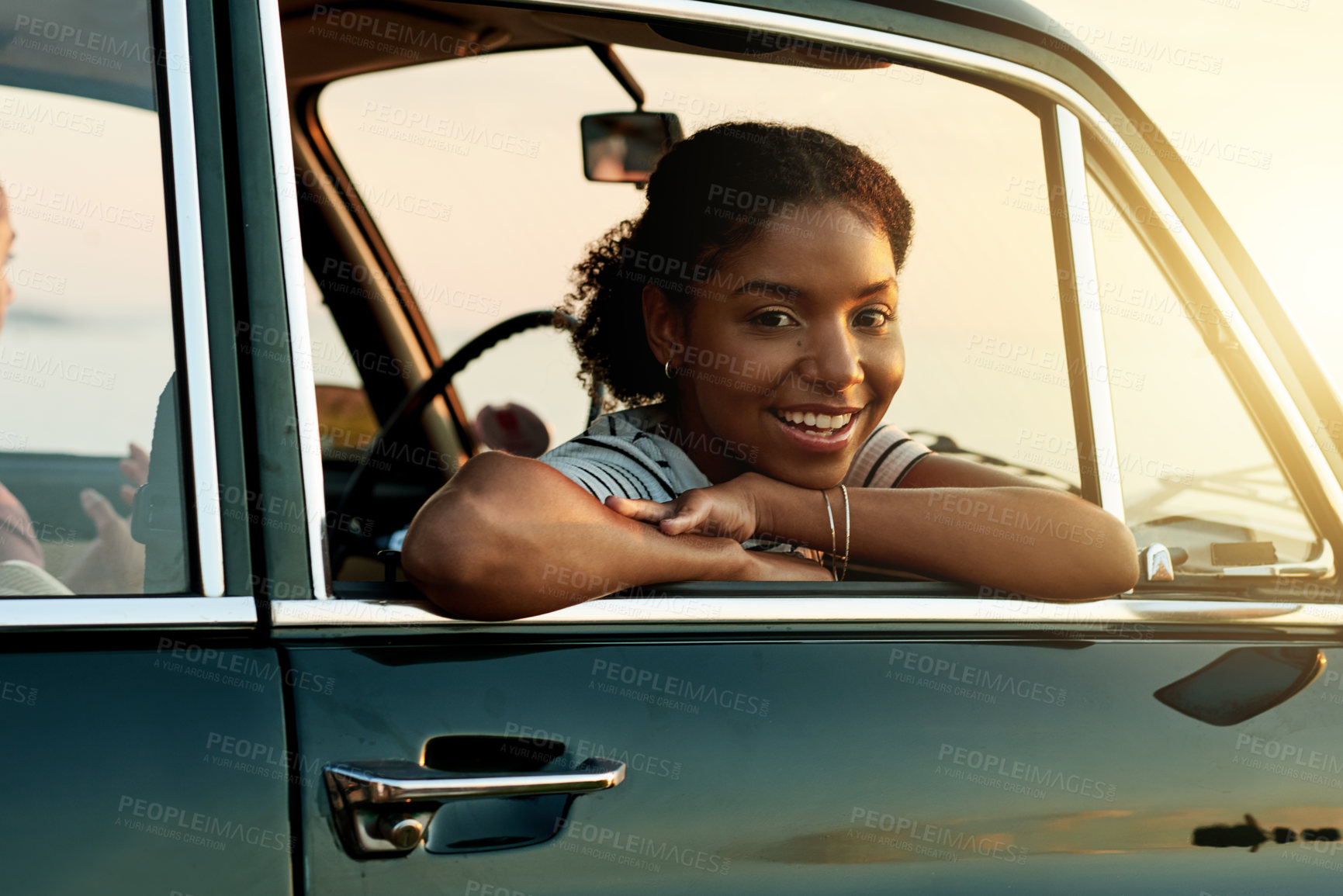 Buy stock photo Portrait, passenger and woman in car, road trip or excited for adventure, friends or summer holiday. Happy, tourist and people in vehicle for journey, flare and confident on vacation and getaway
