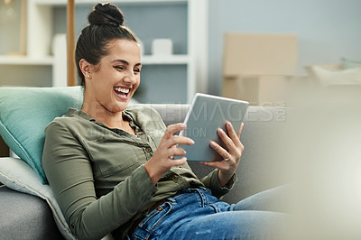 Buy stock photo Laugh, moving and woman with tablet, home and research for renovation of apartment, app and website. Relocation, boxes and person with tech for house improvement, relax or funny tips on social media