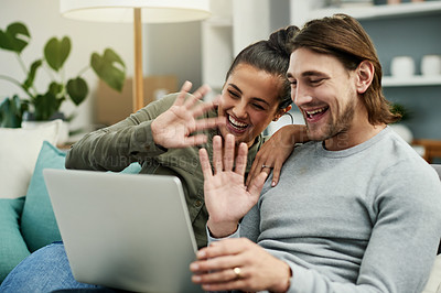 Buy stock photo Hello, sofa and couple on video call with laptop for communication, connection and online chat. Home, wave and happy man and woman on computer for virtual conversation, talking and social networking