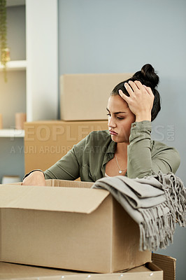Buy stock photo Woman, stress and packing with box for home repossession, eviction notice or mistake. Frustrated, female person or depression for unpaid mortgage debt, lease violation or property inflation in house