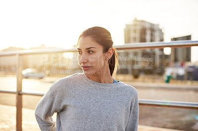 Buy stock photo Outdoor, exercise and woman with training, thinking and wellness with morning routine. Healthy person, athlete and girl in street, daydreaming and wonder with challenge, progress and workout