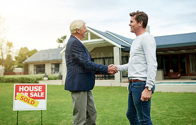 Buy stock photo Smile, agent and man with handshake of new home for real estate success, investment and homeowner. People, lease agreement and realtor deal for property purchase, negotiation and security achievement