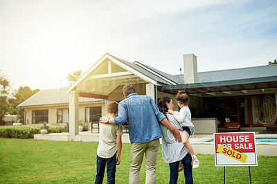 Buy stock photo Mortgage, love and parents with children, new home and milestone for homeowner with property or yard. Real estate, sold and embrace for relocation to house, lawn and investment for people with kids