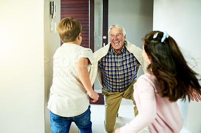 Buy stock photo Children, running and happy for grandfather visit in home with arrival greeting, hello and reunion welcome. People, family connection and support by front door with bonding together and relationship