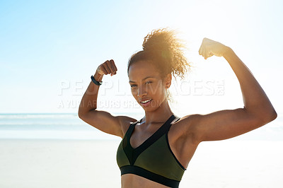 Buy stock photo Happy woman, portrait and fitness with flex on beach for pride, confidence or health and wellness. Active, person or smile with muscle or flare for training achievement, exercise on nature space