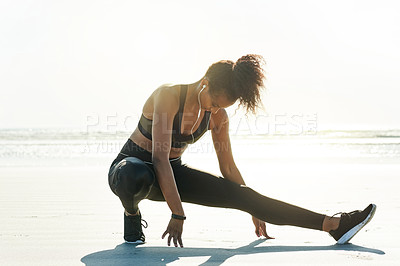 Buy stock photo Exercise, earphones and woman with stretching on beach for warm up, muscle flexibility and cardio. Mockup space, athlete and leg fitness on seashore for training preparation, getting ready and radio