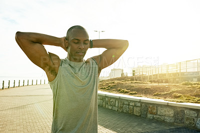 Buy stock photo Fitness, black man and stretching arms in city to start workout, exercise and practice in morning. Mockup space, athlete and cardio warm up at sunrise for training preparation and outdoor performance