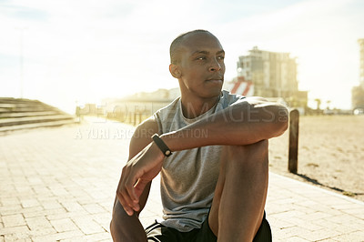 Buy stock photo Space, fitness and black man thinking with break, cardio and health in city. Wellness, rest and African athlete in urban town with flare, relax and muscle recovery after workout for stress relief.