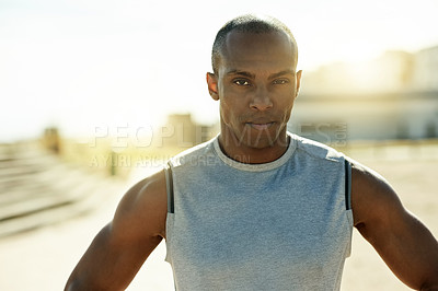 Buy stock photo Fitness, portrait and serious black man in city for exercise, workout and confident person. Sports, runner and athlete outdoor for health, wellness or determination for challenge with pride in Kenya