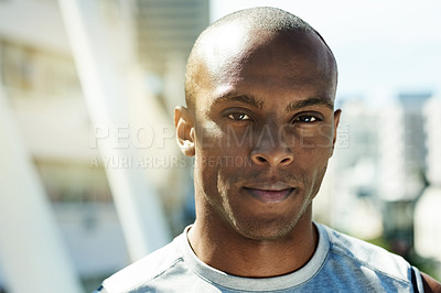 Buy stock photo Black man, portrait and fitness in city for health, sports and confidence with training outdoor. Serious athlete, male person and exercise in town, healthy and active with wellness in Chicago