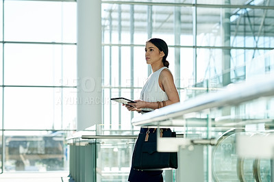 Buy stock photo Business, thinking and woman in office, tablet and financial agency with email, stock market and internet. Person, investment or corporate professional with tech, digital app or decision with network