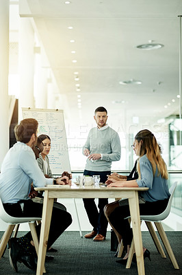 Buy stock photo Business man, team and workshop with whiteboard for finance policy, risk mitigation and feedback. Presentation, group or corporate training in office for upskill, compliance or financial development