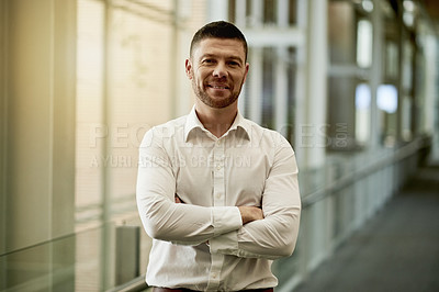 Buy stock photo Arms crossed, businessman and portrait in office for career or upskill development. Convention centre, confidence and person with smile for employee seminar, opportunity or consultant conference