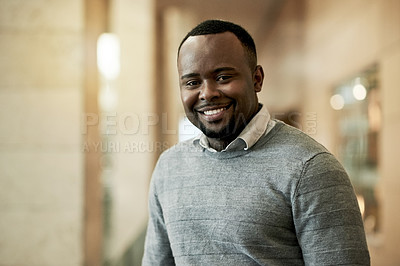 Buy stock photo Smile, black person and portrait in office for business or upskill development. Convention center, career confidence and man in lobby for employee seminar, opportunity or consultant conference