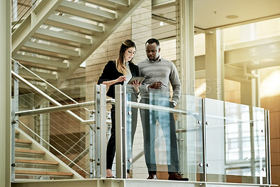 Buy stock photo People, tablet and planning on stairs for business, agenda and feedback for project. Low angle, tech and admin team in office lobby for meeting, schedule update and support for company development
