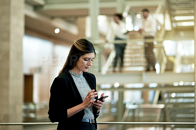 Buy stock photo Business woman, hotel and reading with phone for schedule booking, reservation or network service. Female person, travel and mobile smartphone with research for online accommodation in luxury suite