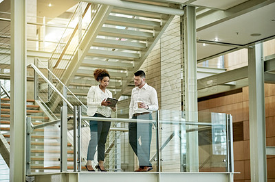 Buy stock photo Business, employees or tablet with discussion on stairway for policy review, finance tips or advice. Teamwork, financial advisor or people with digital app in office for insurance guidance or opinion