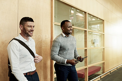 Buy stock photo Business people, tablet and smile in hallway for planning, agenda or feedback for project. Proposal, tech and admin team in office for meeting, schedule update or support for company development